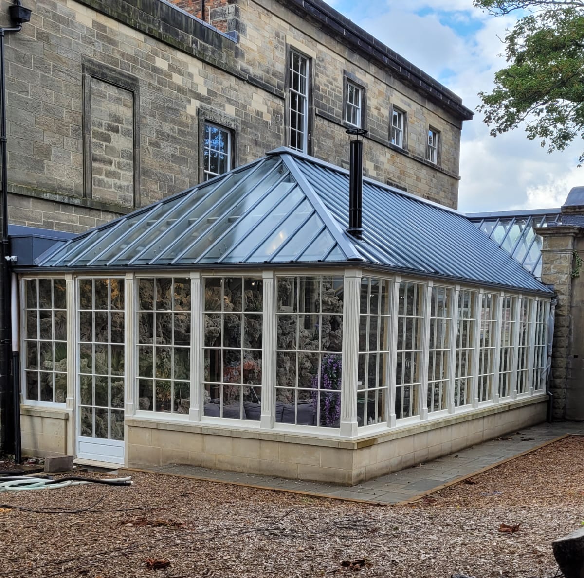Howells Patent Glazing conservatory roof for mansion refurbishment at , Doxford House in Sunderland, a derelict Georgian mansion, listed on the 2009 Heritage at Risk Register.
